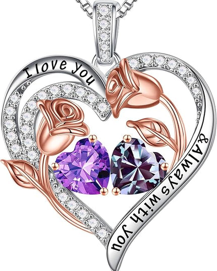 Iefil Christmas Gifts for Women Wife - 925 Sterling Silver Rose Heart Birthstone Necklace Birthday Anniversary Jewelry Gifts for Her Wife Mom Daughter