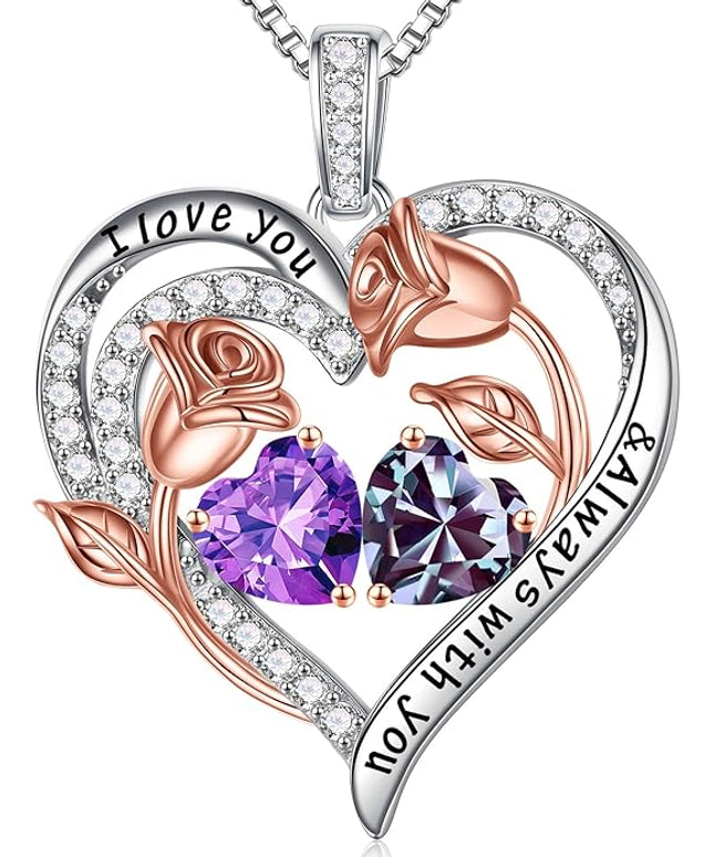 Iefil Christmas Gifts for Women Wife - 925 Sterling Silver Rose Heart Birthstone Necklace Birthday Anniversary Jewelry Gifts for Her Wife Mom Daughter