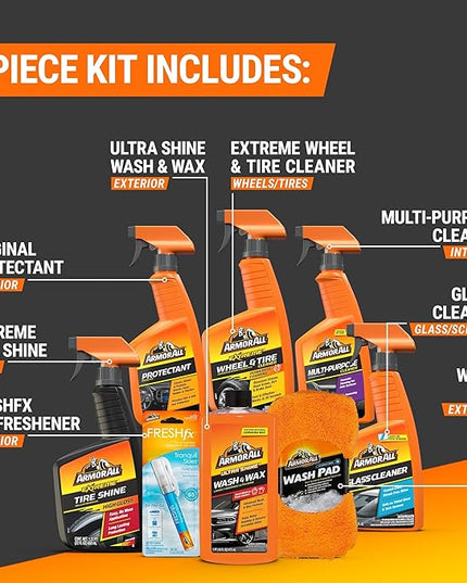 Armor All Premier Car Care Kit, Includes Car Wax & Wash Kit, Glass Cleaner, Car Air Freshener, Tire & Wheel Cleaner (8 Piece Kit)