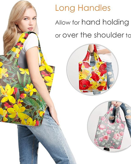 BeeGreen Floral Reusable Grocery Bags Bulk 6 Packs X-Large50LBS, Reusable Shopping Bags Foldable for Groceries, Vegetables, Fruits Bulk Tote Bags Washable For Women Men