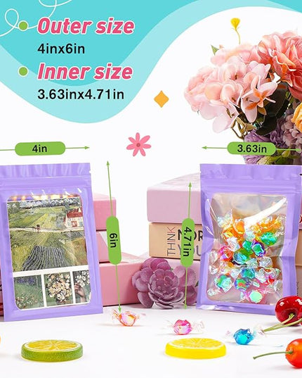 Funfery 300 Pack Smell Proof Resealable Bags for Food Storage,Holographic Bags 4x6 Purple Mylar Clear Packaging Bag- Scent Proof for Cookies, Zip Foil Pouch for Small Business