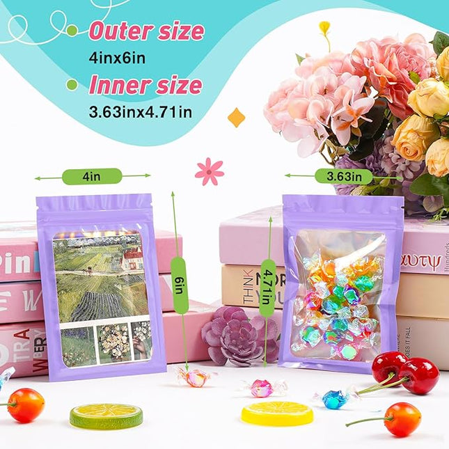 Funfery 300 Pack Smell Proof Resealable Bags for Food Storage,Holographic Bags 4x6 Purple Mylar Clear Packaging Bag- Scent Proof for Cookies, Zip Foil Pouch for Small Business