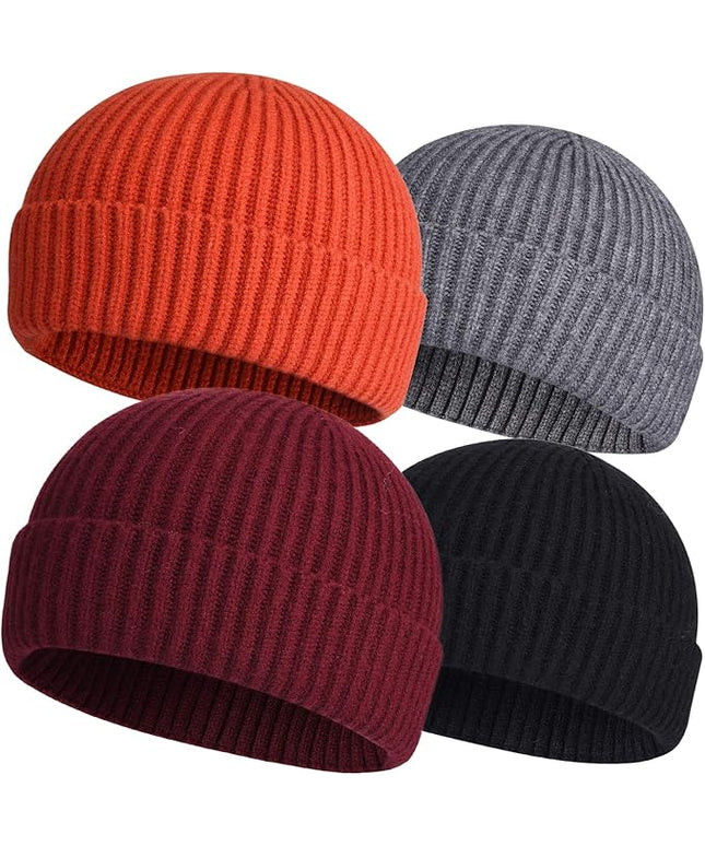ROYBENS 4 Pack Wool Fisherman Beanies for Men, Knit Short Watch Cap Winter Warm Hats