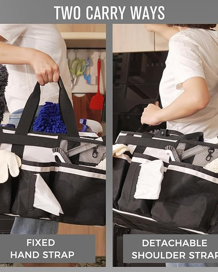 Wearable Cleaning Caddy, Cleaning Caddy Supplies Organizer with Handle & Shoulder Straps for Housekeepers, Under Sink & Car Cleaning Tool Organizers Bag with 4 Foldable Divider (Beige)