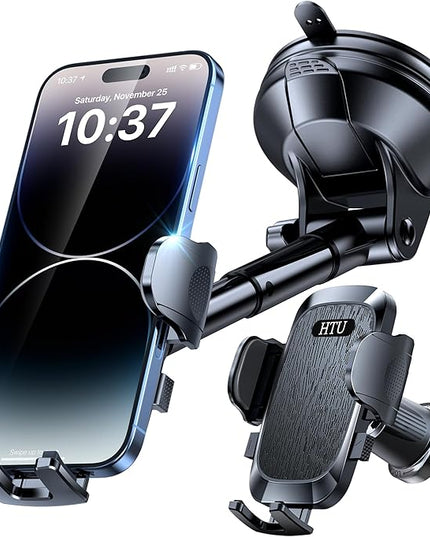 HTU [2026 True Military-Grade] Car Phone Holder [Upgraded Strongest Suction & Clip] Cell Phone Mount for Dashboard Windshield Vent,Truck Cradle Stand for iPhone 16 Pro Max Samsung Android (Black)