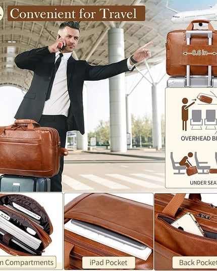 Faux Leather Messenger Bag for Men | 17-17.3 Inch Leather Mens Laptop Bag Leather Briefcasen Convertible Backpack 3 in 1 Computer Handbags Work Bag Shoulder Crossbody Bag Office | Vintage Brown