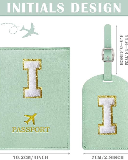COSHAYSOO Green Passport Cover and Luggage Tag Set TSA Approved with Her Initial Chenille Letter Patch, Trendy Travel Bag Backpack Suitcase Identifier Gifts for Daughter Mother Sister in Law (I)