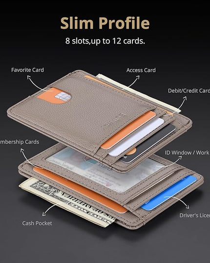 Buffway Slim Minimalist Front Pocket RFID Blocking Leather Wallets for Men and Women - Lichee Khaki