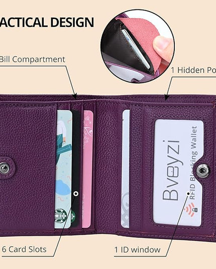 Bveyzi Ultra Slim Small RFID Wallet for Women, Leather Tiny Thin Bifold Pocket Ladies Wallet
