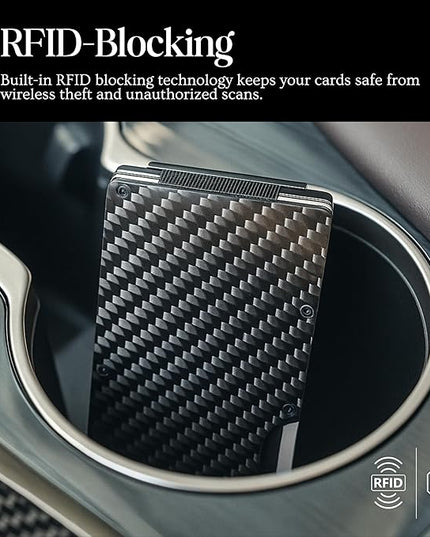 DEMVRI Carbon Fiber Wallet for Men Slim RFID Blocking Minimalist Card Holder with Money Clip, Scratch-Resistant Ultra-Light Metal Wallet, Compact Design, Gift Box Included
