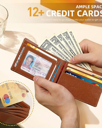 RUNBOX Wallet for Men Slim 11 Credit Card Holder Slots Leather RFID Blocking Small Thin Men's Wallet Bifold Minimalist Front Pocket Large Capacity Gift Box