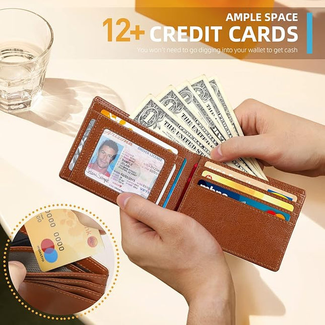 RUNBOX Wallet for Men Slim 11 Credit Card Holder Slots Leather RFID Blocking Small Thin Men's Wallet Bifold Minimalist Front Pocket Large Capacity Gift Box