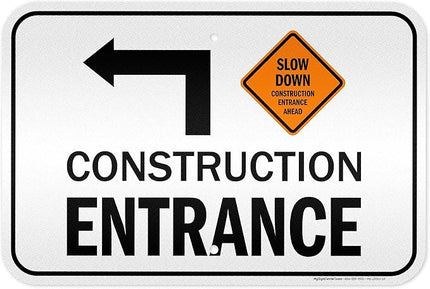 Slow Down Construction Entrance Ahead With Left Arrow Sign, 12x18 Inches, 3M EGP Reflective .063 Aluminum, Fade Resistant, Made in USA by My Sign Center