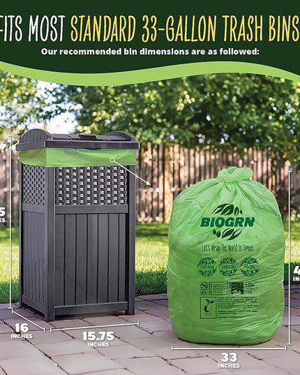 30-33 Gallon Compostable Trash Bags Flat-Top 30 Bags Heavy Duty1.57 Mil, 124.92 Liter Large Lawn and Yard Waste Bag green for Outdoor Garden ASTM D6400, US BPI and OK Compost Home Certified