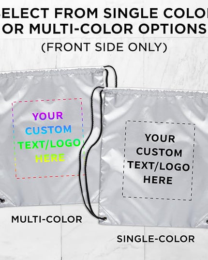 DISCOUNT PROMOS Custom Classic Polyester Drawstring Bagpack Set of 10/50/100, Personalized Bulk Pack - Great for Travelling, Gym and for Everyday Use - Silver