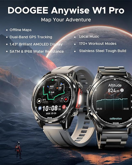 DOOGEE Anywise W1 Pro Mens Smart Watch, 5ATM Dual-Band GPS Offline Maps,1.43'' Fitness Smartwatches for Android Phone/iPhone Compatible,170+ Sports Modes, Answer/Make Calls/18 Days Battery/2 Strap