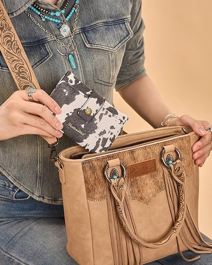 Montana West Small Women's Wallet Black Cow Print Card Wallets for Women Trifold Travel Wallet Ladies Female Wallets RFID Blocking Western Card Cash Wallett with ID Window