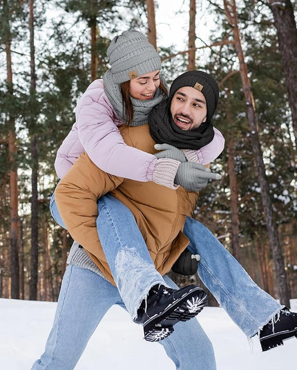 Winter Beanie Hat Scarf Gloves, Warm Fleece Knit Hats Touch Screen Gloves Neck Scarf Set Winter Gifts for Unisex Adult