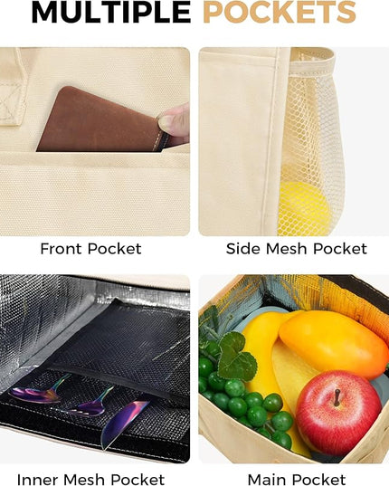 Fmeida Insulated Lunch Bag Women, 9L Large Lunch Bags with Multiple Pockets, Reusable Thermal Cooler Tote for Work, Office, Picnic, Travel | Hook and Loop Closure, Beige