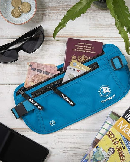 VENTURE 4TH Travel Money Belt - Slim Passport Holder RFID Blocking Travel Pouch to Protect Cash, Credit Cards and Travel Documents (Blue)