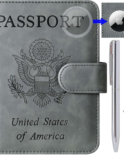Airtag Passport Holder Cover Wallet Travel Essentials Leather Rfid Blocking Case Vacation Luggage Must Haves Travel Accessories for Men Women (117#Grey)