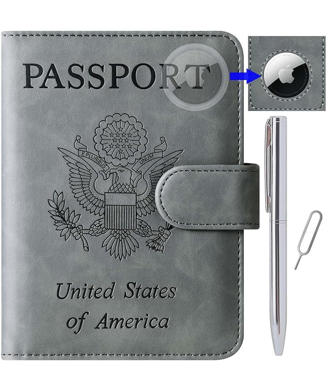 Airtag Passport Holder Cover Wallet Travel Essentials Leather Rfid Blocking Case Vacation Luggage Must Haves Travel Accessories for Men Women (117#Grey)