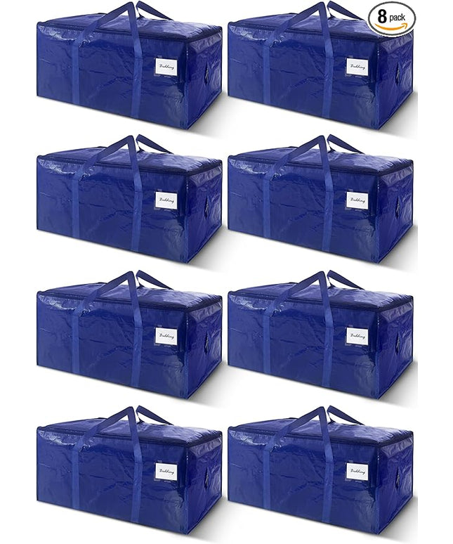 8 Pack Extra Heavy Duty Large Moving Bags with Strong Zipper & Carrying Handles, Sturdy Clothes Storage Bags Totes Bins, Packing Bag Move Boxes College Moving Supplies, Dark Blue - 24 gal
