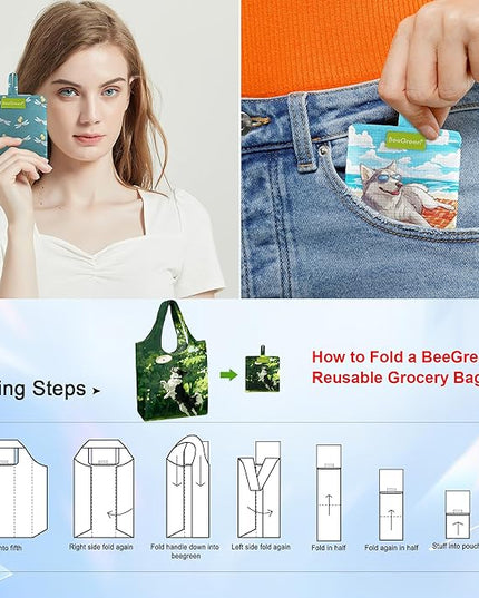 BeeGreen Bird Reusable Grocery Bags,Heavy Duty Totes for Women, Foldable Grocery Bag Large Shopping Totes with Handles for Work, Travel, Gift, Store, Polyester Washable Reusable Tote Bag