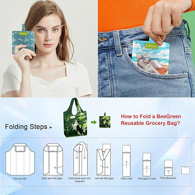 BeeGreen Bird Reusable Grocery Bags,Heavy Duty Totes for Women, Foldable Grocery Bag Large Shopping Totes with Handles for Work, Travel, Gift, Store, Polyester Washable Reusable Tote Bag