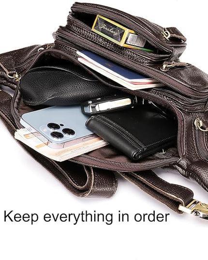 Genuine Leather Fanny Pack large capacity Crossbody Waist Bag with Zipper phone Pockets coffee