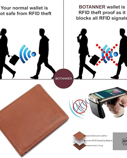 BOTANNER Mens Genuine Leather Bifold Wallet RFID Blocking 8 Credit Card Slots 2 Sections for Bills & 2 Additional Slots | Tan