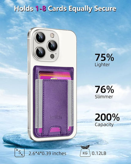Phone Wallet Stick On, Upgraded Phone Wallet with Adjustable Stand, Open ID Window, 8-Card Holder, Stronger 3M Adhesive Credit Card Holder for Back of Phone Case, iPhone, Samsung and Android, Purple