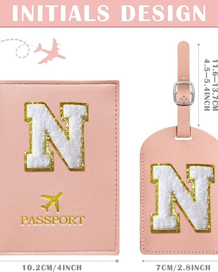COSHAYSOO Passport Cover and Luggage Tag Set with Her Initial Chenille Letter Patch, Trending Traveling Bag Backpack Suitcase Identifier Birthday Gifts for Women Girls Pink N