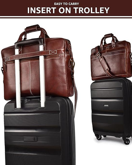 LEATHER VILLAGE 18" Leather Laptop Messenger Briefcase Bag for Men-Leather Satchel for Travel and Office Shoulder Bag-Red Brown