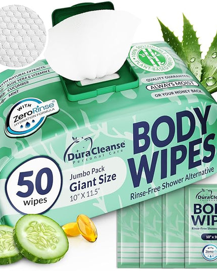 Body Wipes for Women, Extra Moist No Rinse Bathing Wipes-50 XL Shower Cloths + 4 Travel Size Bath Sheets -10x11.5" After Gym & Post Workout Deodorant, Disposable Washcloths, Womens Hygiene Essentials