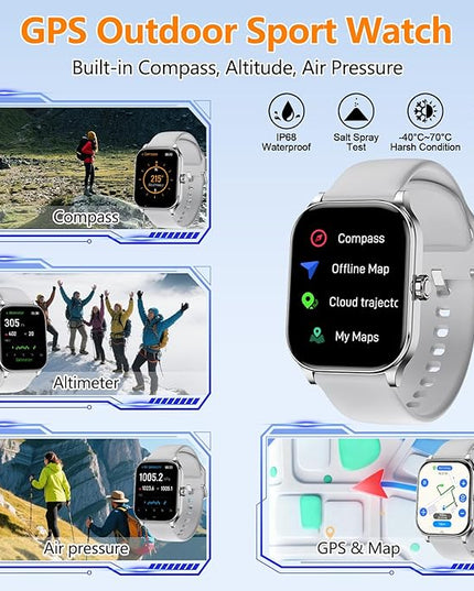 Smart Watch for Women Men with Text and Call, 2025 New AI Smartwatches with Heart Rate/SpO2/Sleep/Stress Monitor, 100+ Sports Modes, GPS Fitness Watches Compatible with iOS/Android (Map, Silver)