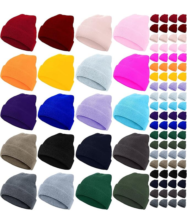 Jecery 80 Pack Winter Beanies Hats Bulk for Homeless Unisex Cold Weather Stretch Caps Warm Knitted Cuffed Hats for Women Men