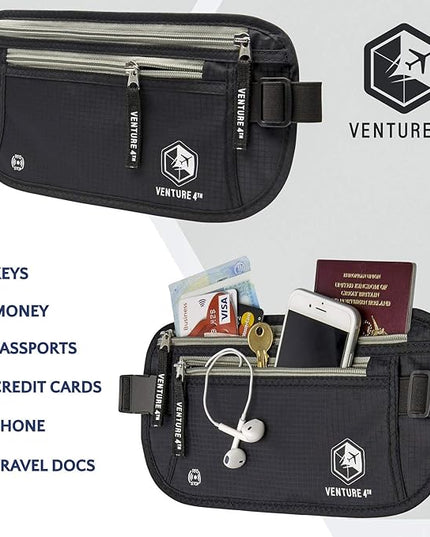 VENTURE 4TH Money Belt for Travel – Hidden Under-Clothes RFID Blocking Passport Holder & Slim Travel Wallet Pouch for Men & Women to Protect Cash, Cards & Documents (Black)