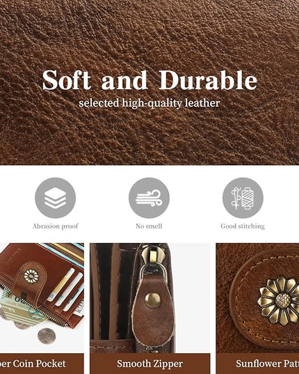 Blucoay Wallet Women,RFID Blocking Womens Wallet,Real Leather Bifold Compact Small Wallet for Women Card Holder with Zip Coin Pocket(Darkcoffee)