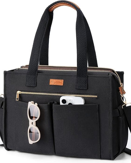 Canvas Tote Bag for Women, 15-Pockets Work Laptop Tote Purse Large Crossbody Nurse Teacher Bible Bag for School Travel Daily | with Strap & Zipper, Multi Compartment, Stand Upright Stably, College Shoulder Bag, Clinical Nursing Bag, Ideal Gift for Women