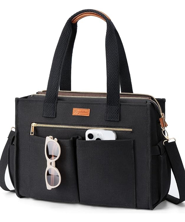 Canvas Tote Bag for Women, 15-Pockets Work Laptop Tote Purse Large Crossbody Nurse Teacher Bible Bag for School Travel Daily | with Strap & Zipper, Multi Compartment, Stand Upright Stably, College Shoulder Bag, Clinical Nursing Bag, Ideal Gift for Women