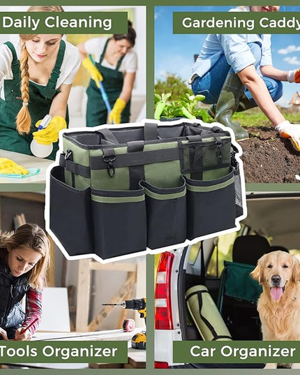 Wearable Cleaning Caddy Organizer with Handle & Shoulder Straps for Housekeepers, Under Sink & Car Cleaning Tool Organizer Bag with 4 Foldable Dividers (Green)
