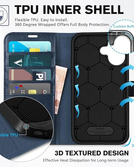 TUCCH Wallet Case for iPhone 16, [TPU Shockproof Inner Shell], Kickstand PU Leather [RFID Blocking] 4 Card Holder Magnetic Stand Protective Cover Compatible with iPhone 16 5G, Dark Blue