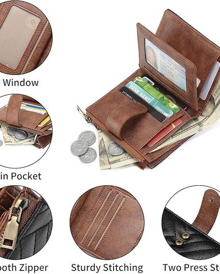 GAEKEAO Small Wallet for Women, Bifold Leather RFID Blocking Ladies Compact Card Holder with Zipper Pocket & ID Window