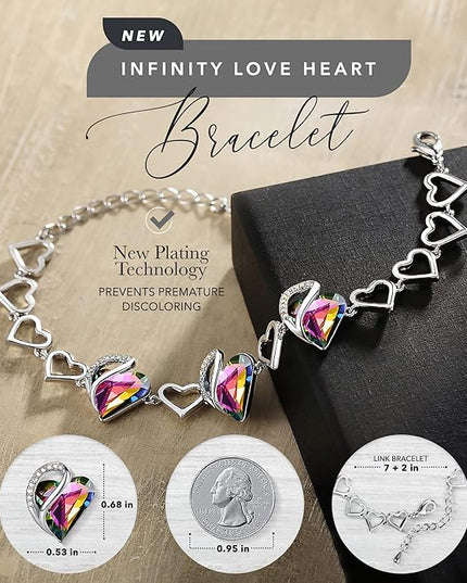 Leafael Infinity Love Heart Link Bracelets, Birthstone or Healing Stone Crystal Bracelet for Women, Silver Tone Jewelry Gifts for Her, 7-inch Chain and 2-inch Extender