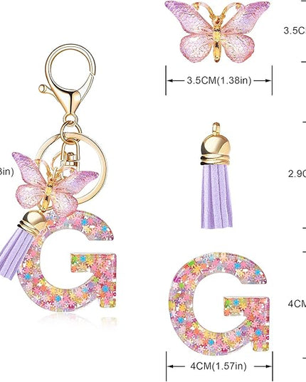 Fashion Alphabet Initial Letter Keychain Tassel Butterfly Pendant Key Ring for Purse Handbags Women Girl