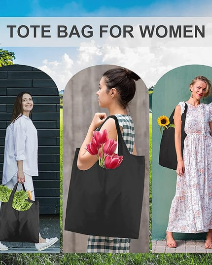 BeeGreen Black Tote Bag Shopping Bags for Groceries & Reusable Grocery Bag Heavy Duty, Large Tote Bag for Women, Foldable 6 Pack Gift Bags With Handles, Cute Cloth Washable for Holiday Travel & Bulk