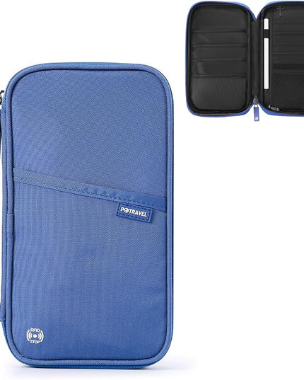 Travel Passport Holder, Large Family Passport Walle for Men Women RFID Passport Cover Lightweight Portable Document Organizer with Wrist Strap (Blue)