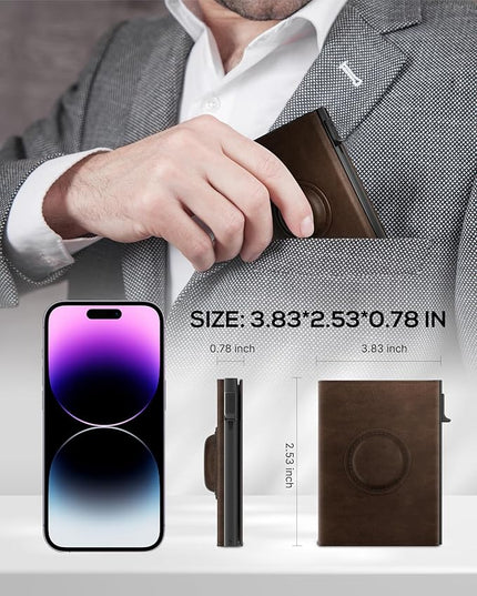 Mens Wallet with AirTag Holder: Smart Wallet Compatible with Apple AirTag, Pop Up Card Case, Top Grain Leather, RFID Blocking, Slim, Minimalist, 9-14 Card Capacity | ID Window | Cash Slot (Brown)