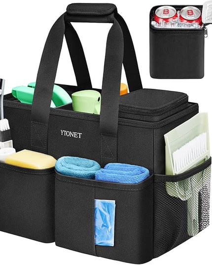 Ytonet Cleaning Caddy, Water Resistant Cleaning Supplies Organizer with Handle & Foldable Divider for Cleaners, Housekeeping Tote for Kitchen & Bathroom, Car Tool Caddy Organizer Bag, Black